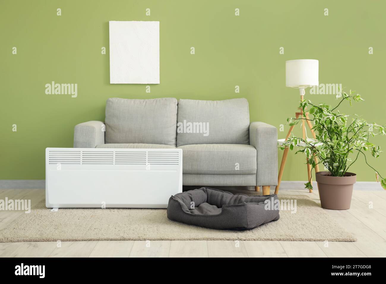 Interior of living room with sofa, radiator and pet bed Stock Photo Alamy