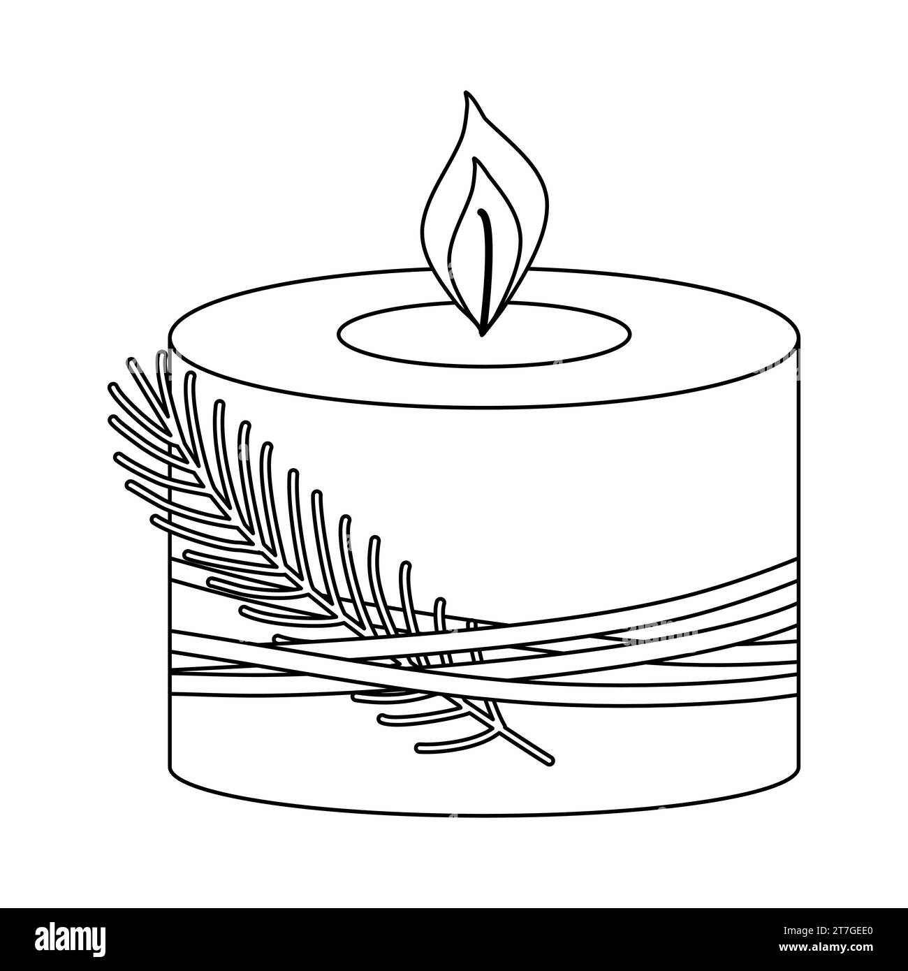 Burning candle decorated with rope and pine branch, doodle style flat vector outline