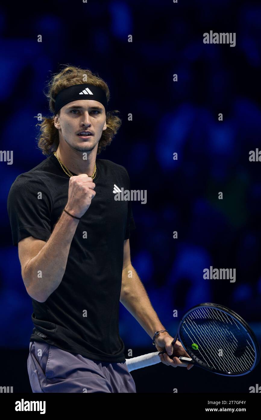 Turin, Italy. 15 November 2023. Alexander Zverev of Germany celebrates