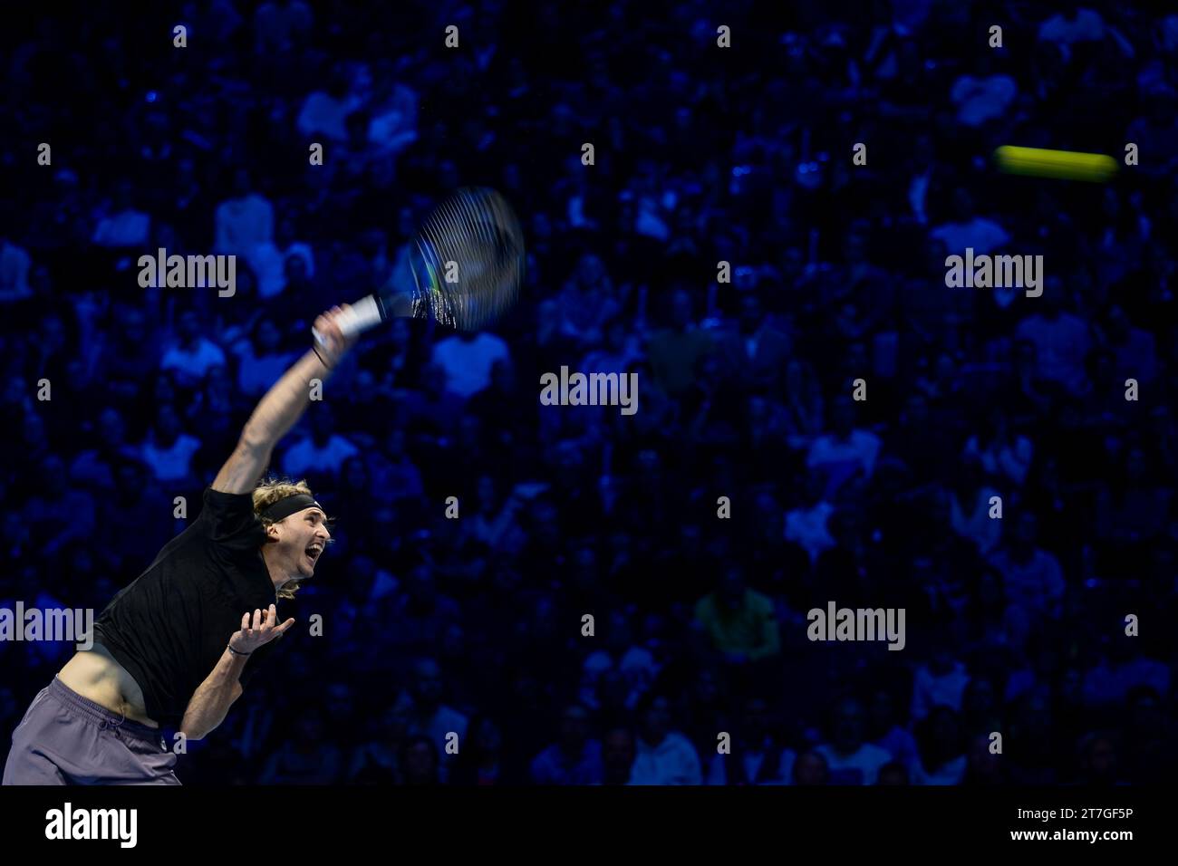 Turin, Italy. 15 November 2023. Alexander Zverev of Germany serves during the round robin singles match against Daniil Medvedev of Russia during day four of the Nitto ATP Finals. Credit: Nicolò Campo/Alamy Live News Stock Photo