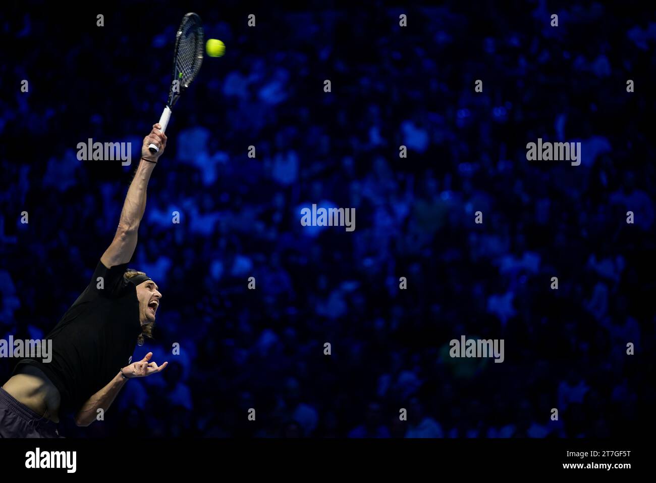 Turin, Italy. 15 November 2023. Alexander Zverev of Germany serves during the round robin singles match against Daniil Medvedev of Russia during day four of the Nitto ATP Finals. Credit: Nicolò Campo/Alamy Live News Stock Photo