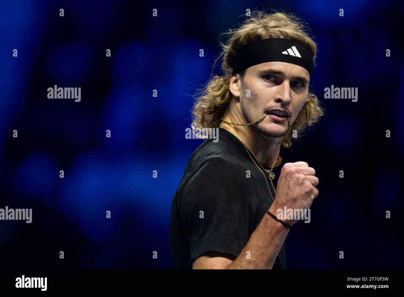 Turin, Italy. 15 November 2023. Alexander Zverev of Germany celebrates during the round robin singles match against Daniil Medvedev of Russia during day four of the Nitto ATP Finals. Credit: Nicolò Campo/Alamy Live News Stock Photo