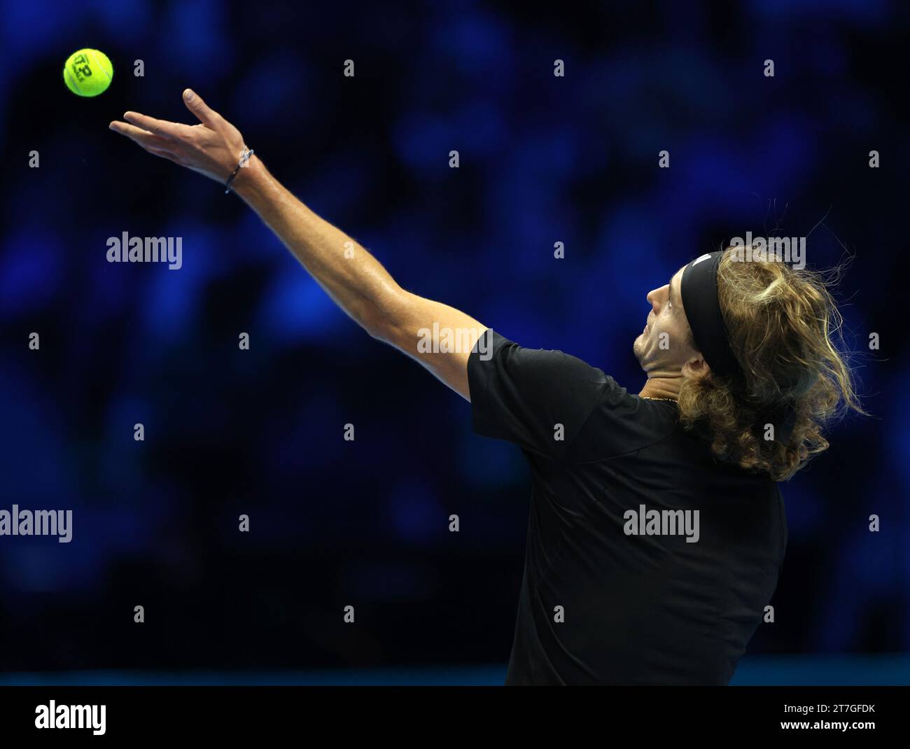 Turin, Italy. 15th Nov, 2023. Alexander Zverev serves during the group stage match between Daniil Medvedev of Russia and Alexander Zverev of Germany at ATP Finals tennis tournament in Turin, Italy, Nov. 15, 2023. Credit: Alberto Lingria/Xinhua/Alamy Live News Stock Photo