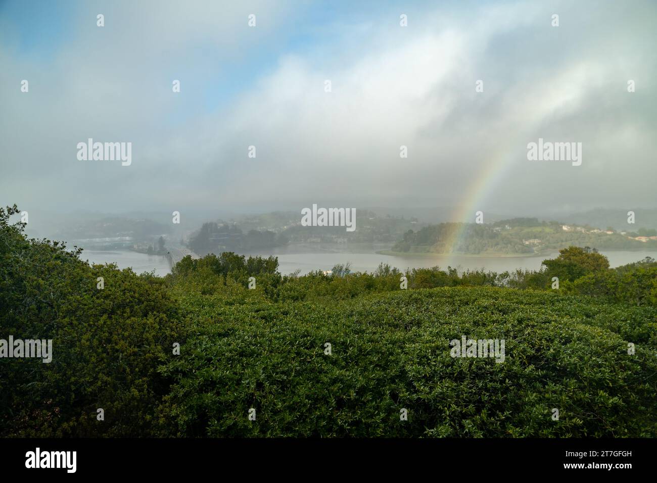 Rainbow appears over Richardson Bay after a clearing storm passes Stock ...