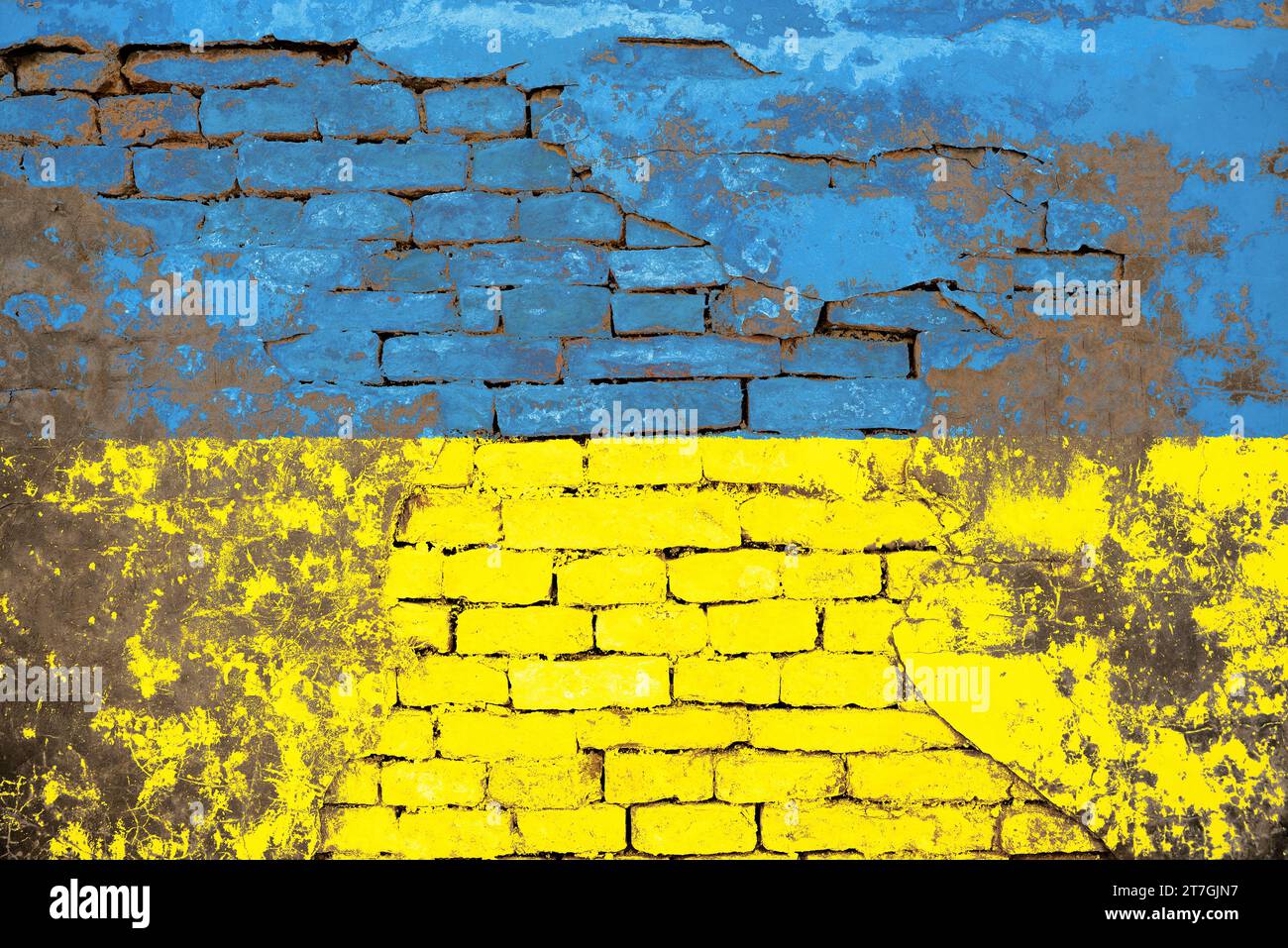 National flag of Ukraine painted on old brick wall Stock Photo
