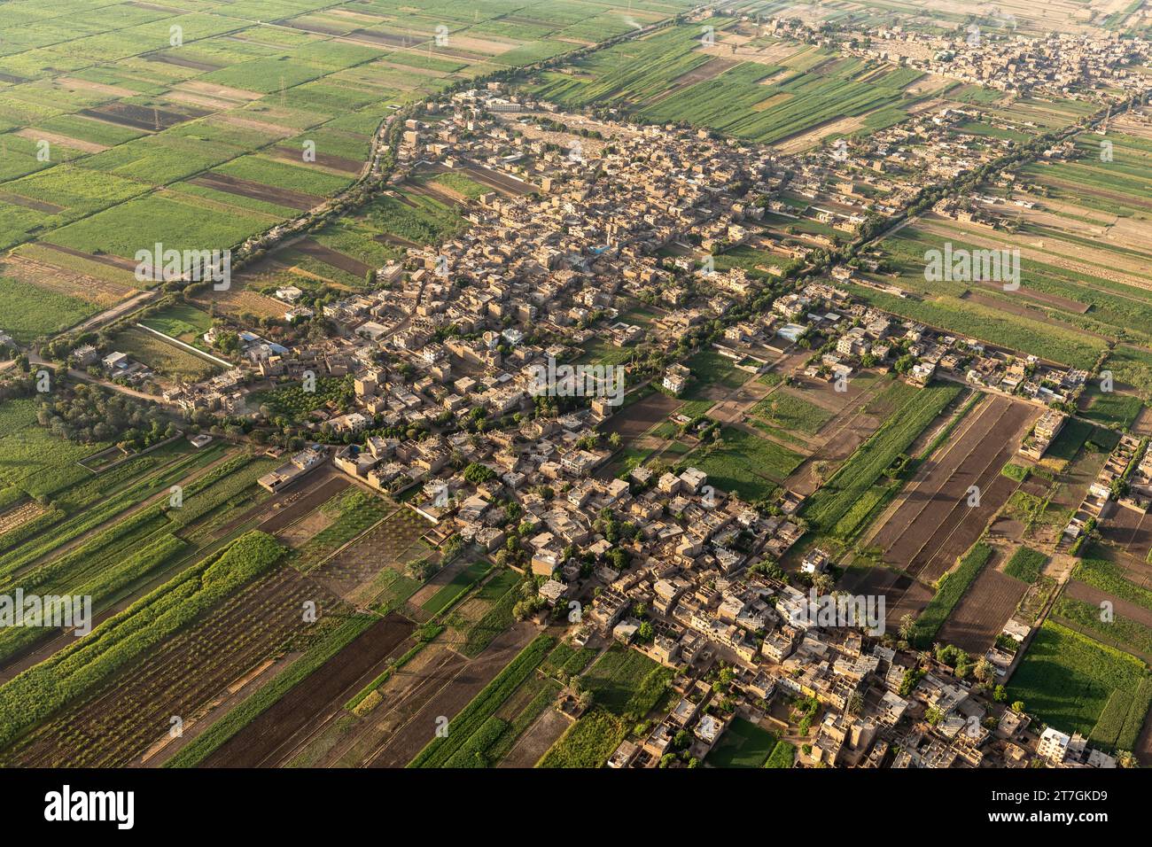 Aerial view of lush irrigated nile river valley farm field and mud brick houses Stock Photo