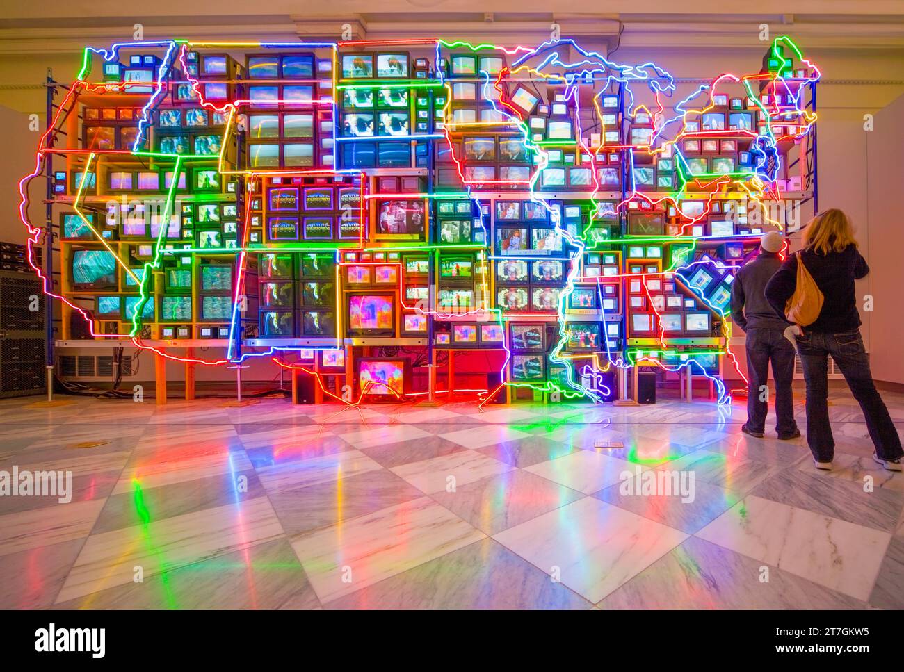 Washington DC Neon map of Continental USA Electronic Superhighway video art installation by Nam June Paik in the Smithsonian American Art Museum SAAM Stock Photo