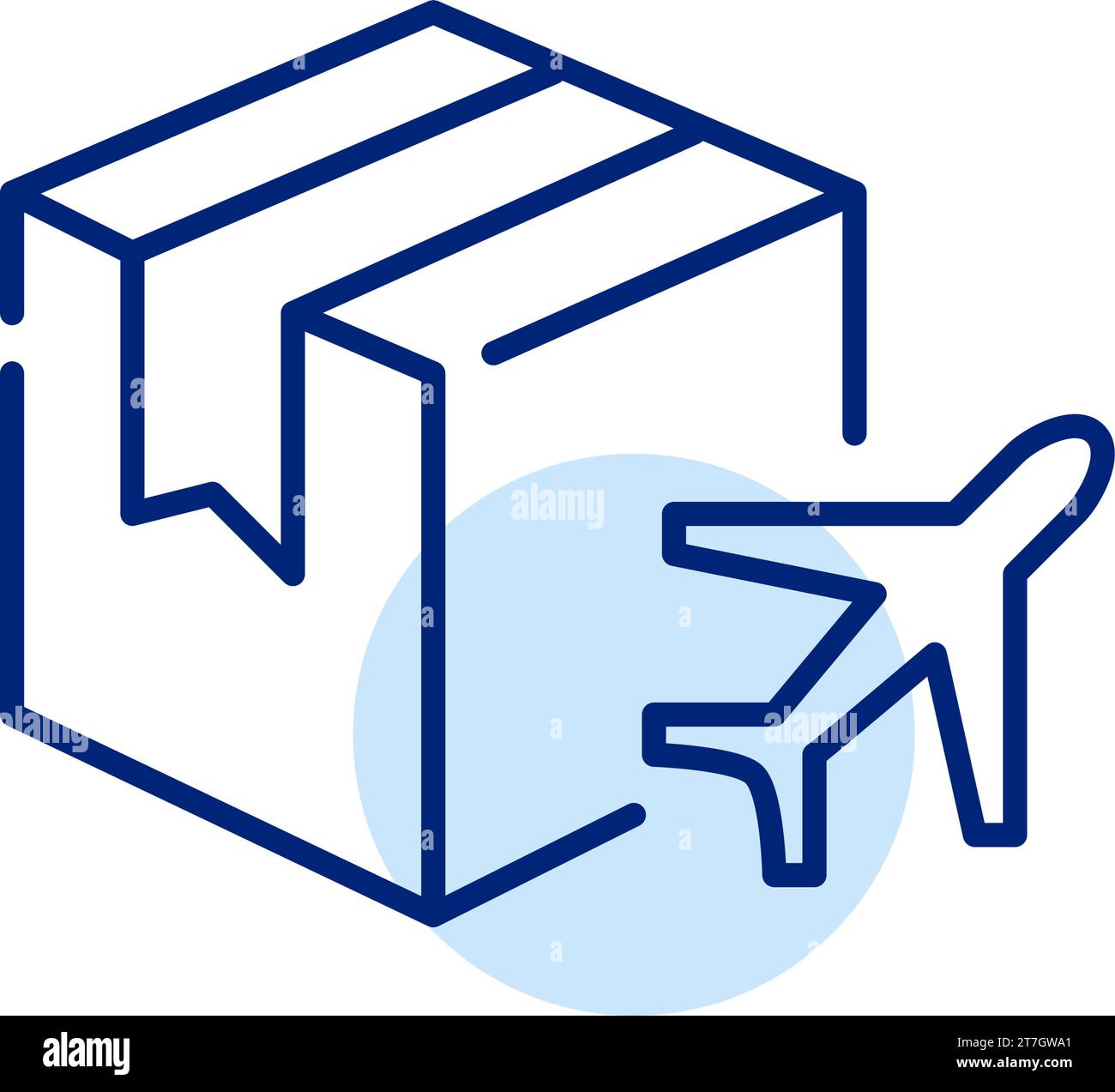 Global parcel delivery. Cardboard box and plane. Pixel perfect icon Stock Vector