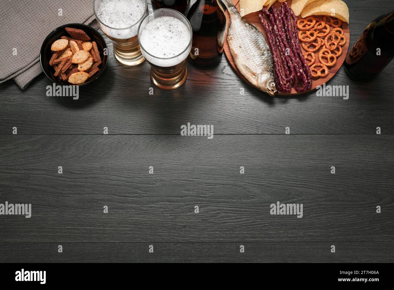 Top view beer glass bottle with food platter with copy space Stock ...