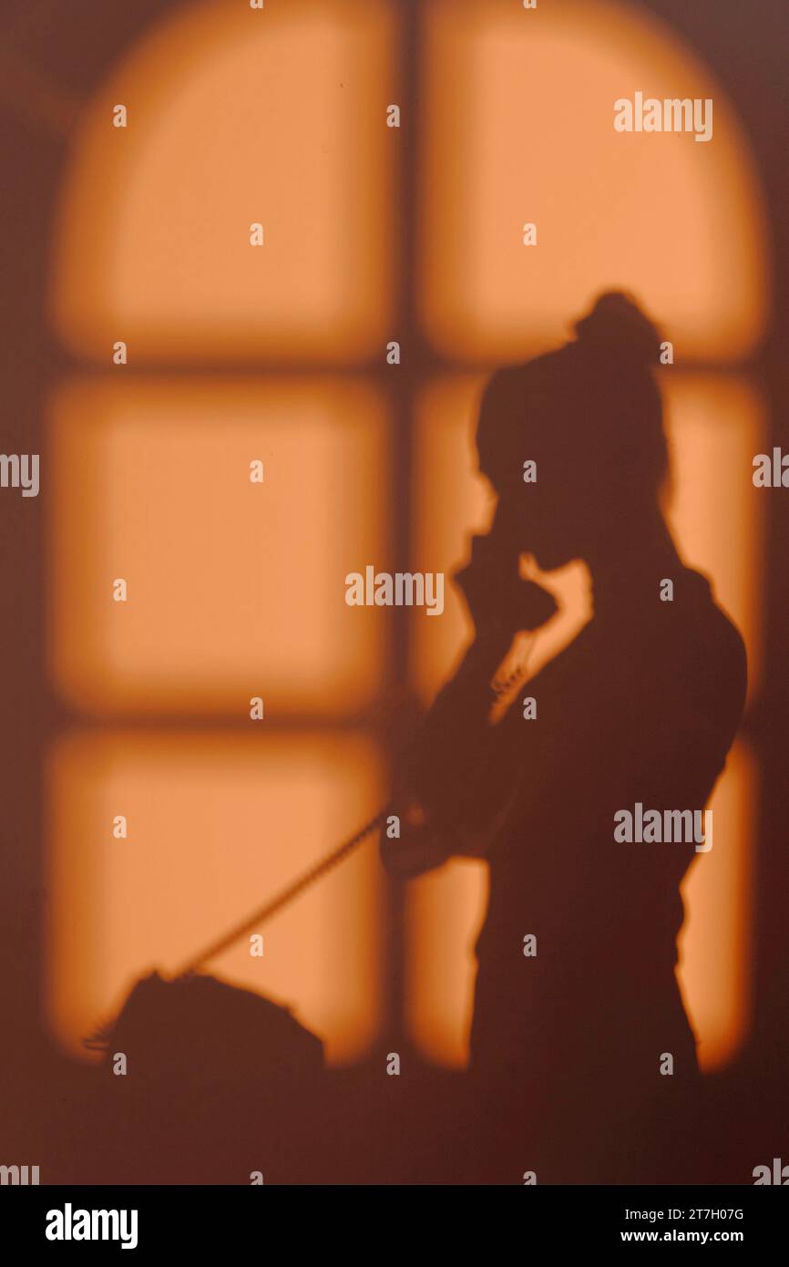 Silhouette young woman home with window shadows Stock Photo