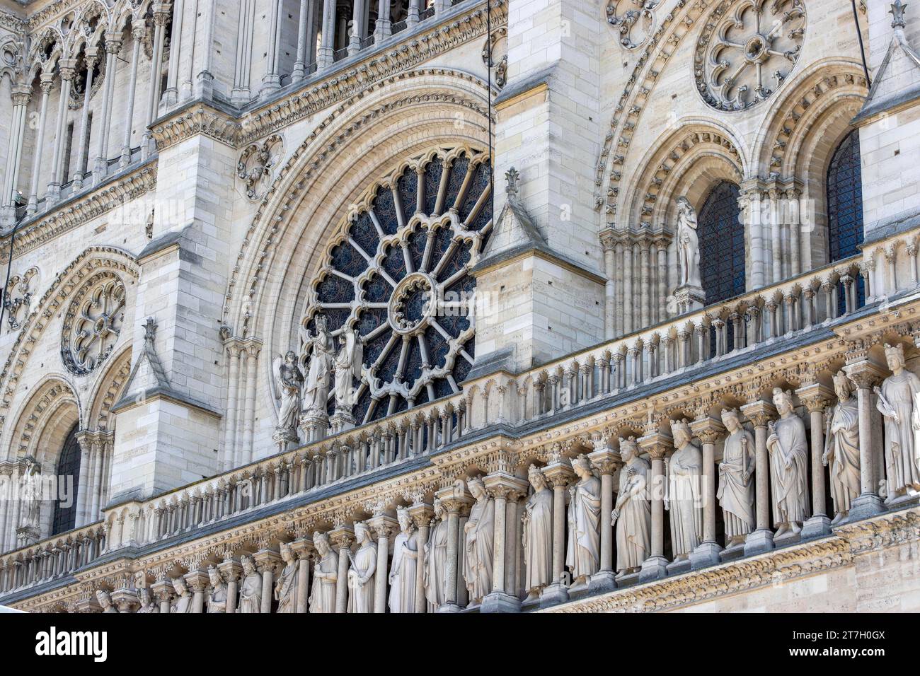 Detail of Notre Dame de Paris Cathedral with rose window or rose window