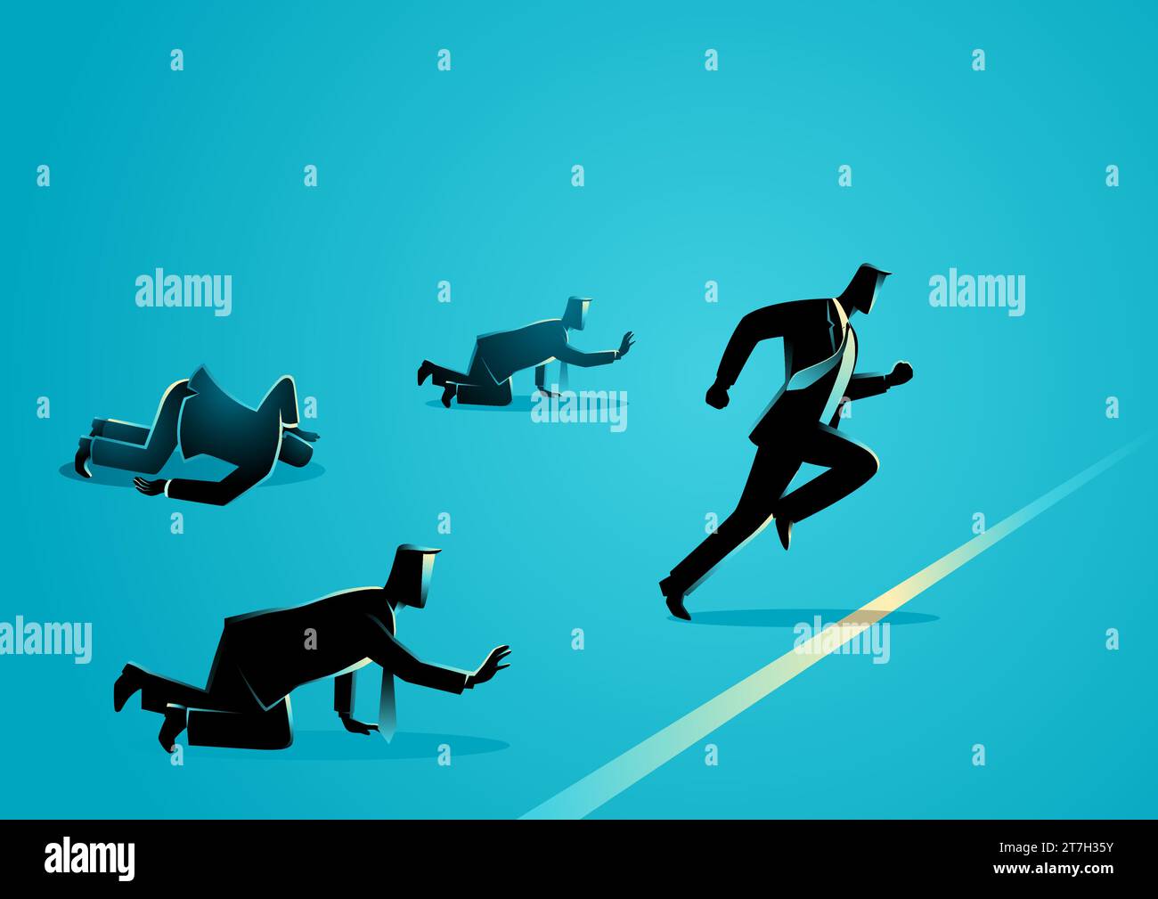 Business concept illustration of businessmen racing, reaching finish