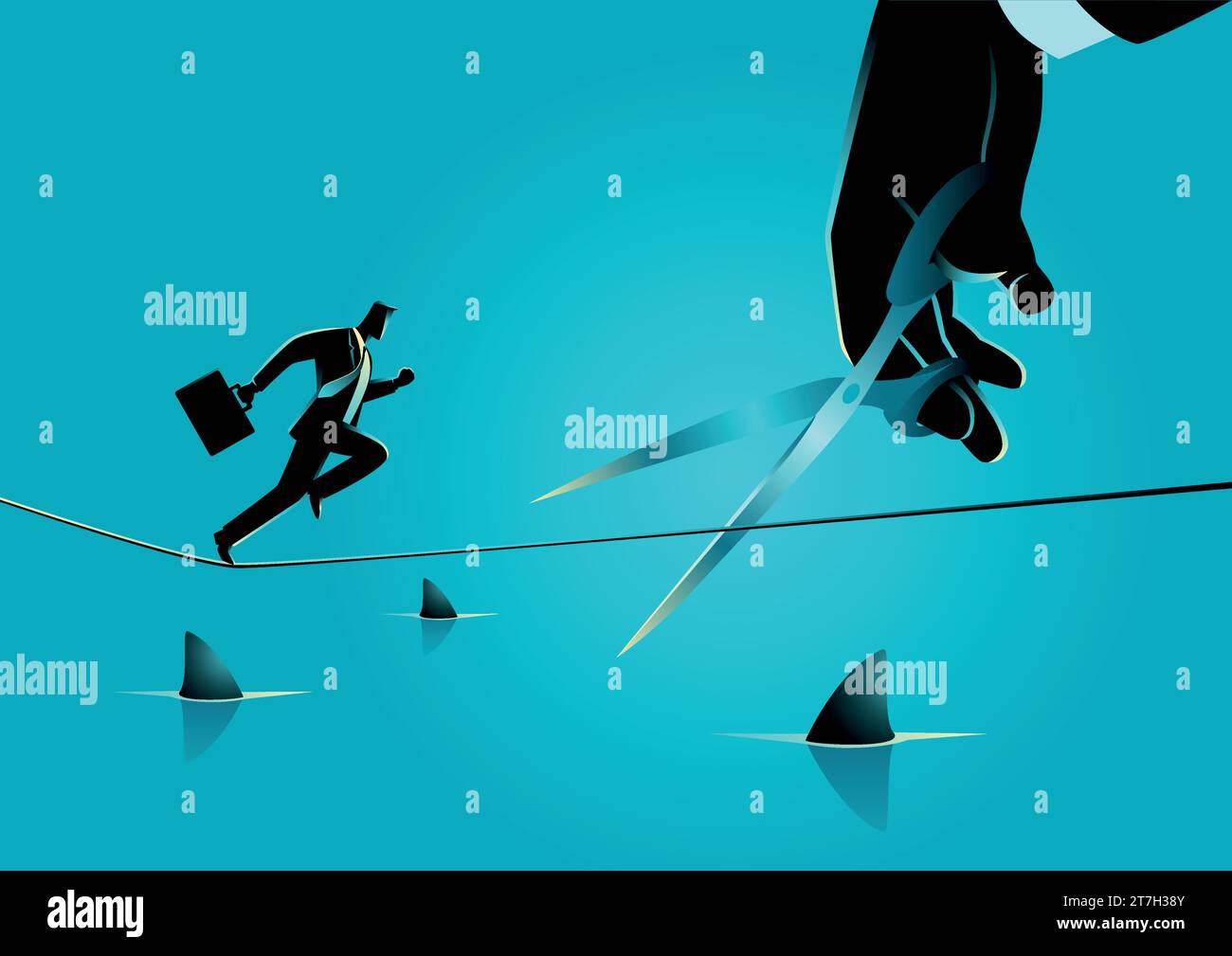 Business concept illustration of a businessman running on rope over a
