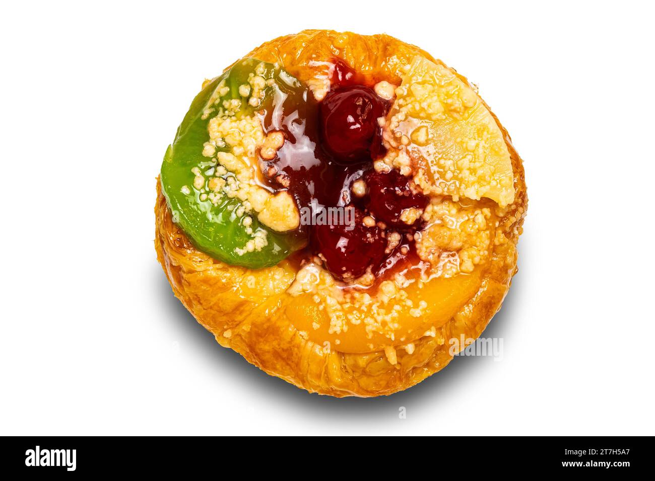 Top view of delicious homemade mixed fruit danish isolated on white