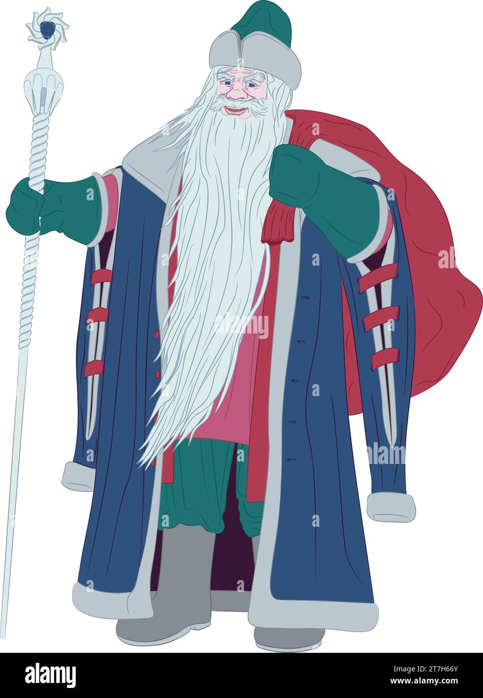 Ded Moroz with bag behind his back and staff. Vector illustration of ...