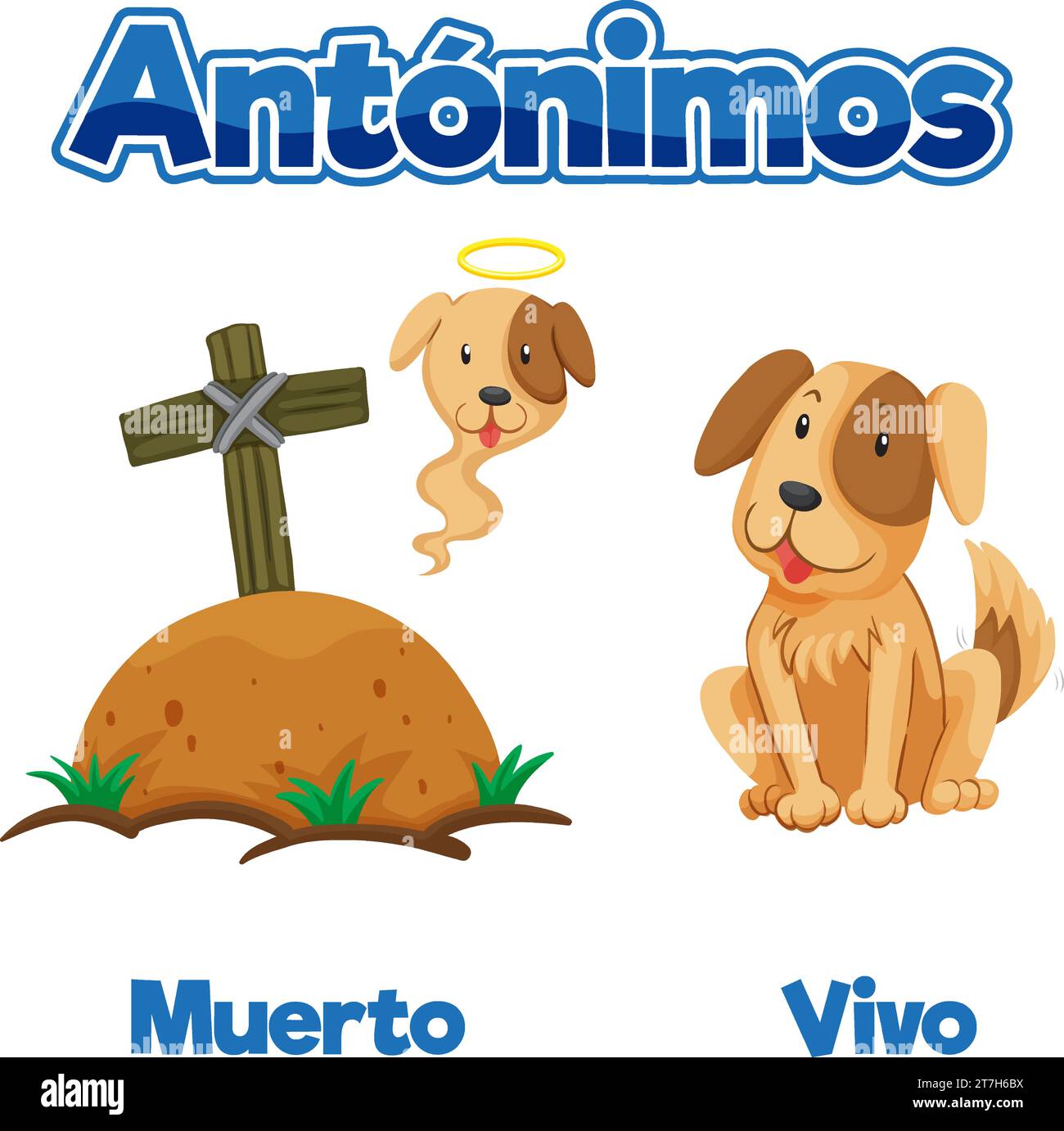 A vector cartoon illustration depicting the Spanish words for dead and alive Stock Vector