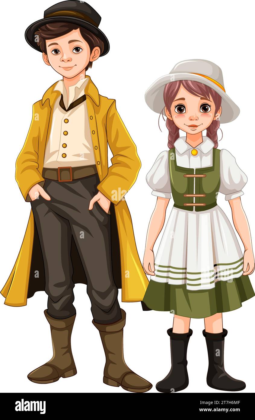 A vector cartoon illustration of a man and woman dressed in vintage clothing Stock Vector