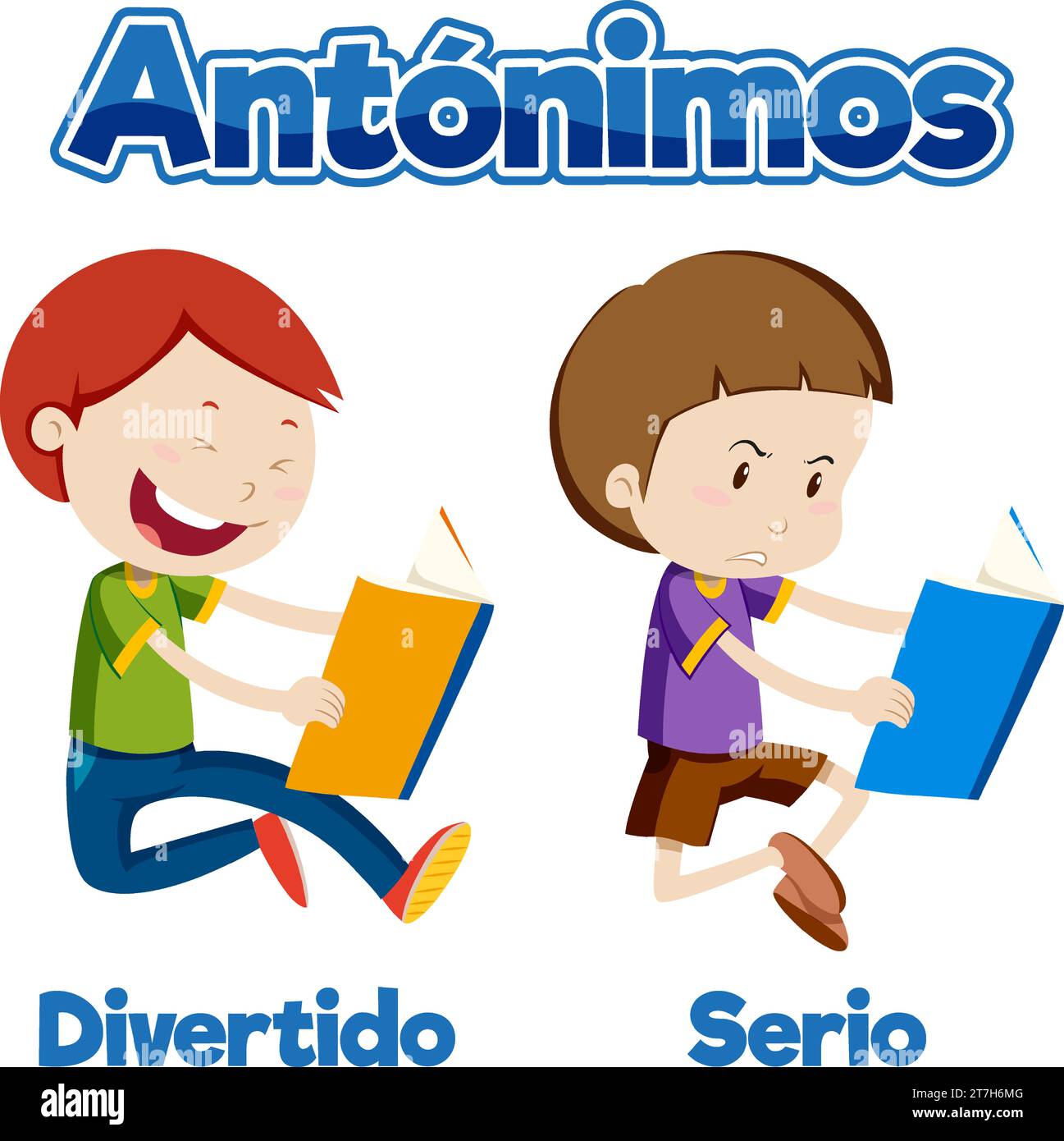 A vector cartoon illustration depicting the antonyms 'Divertido' (Funny