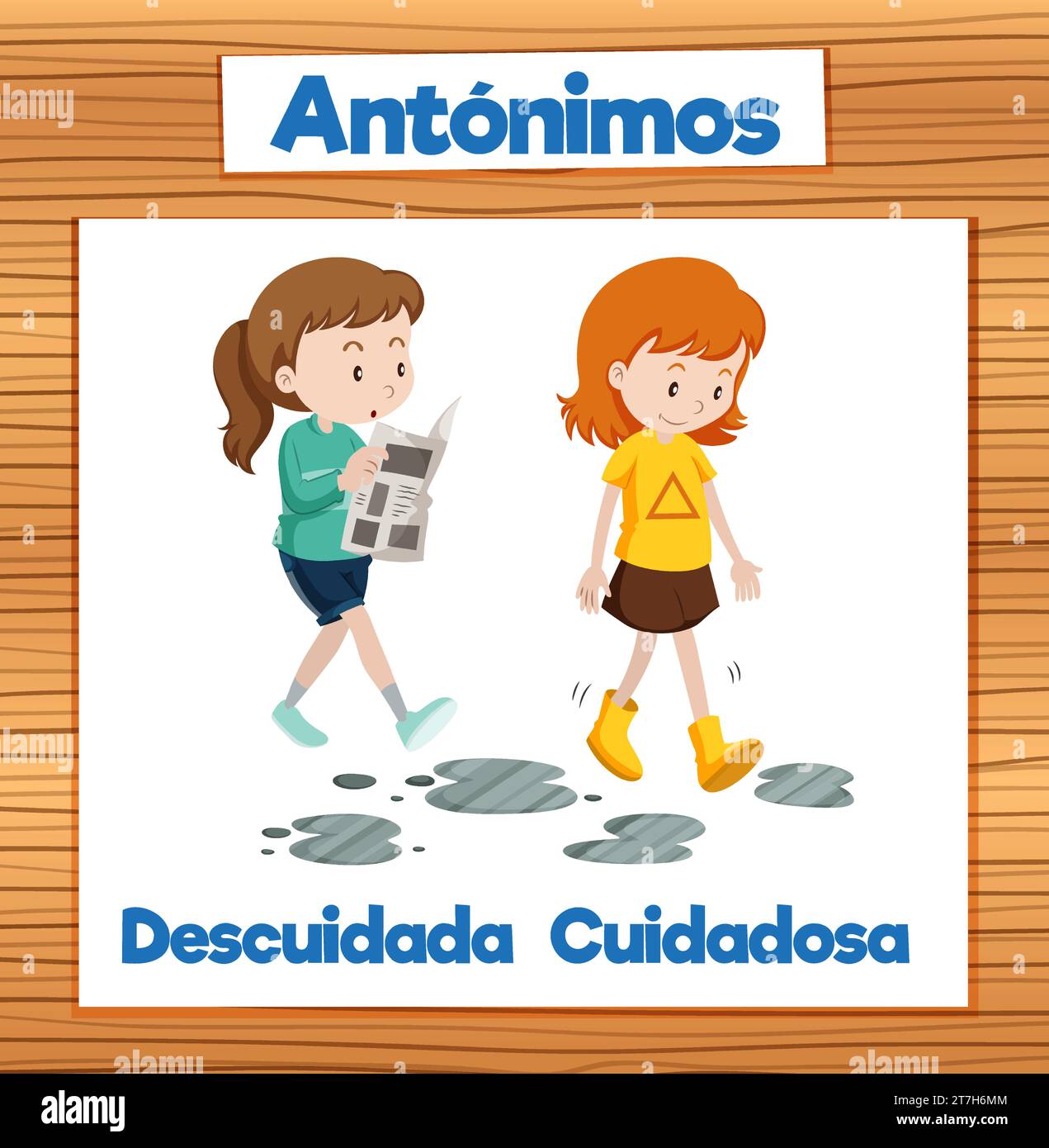 An illustration depicting the contrasting words 'Descuidada' and 'Cuidadosa' in Spanish, representing 'Careless' and 'Careful' in education Stock Vector