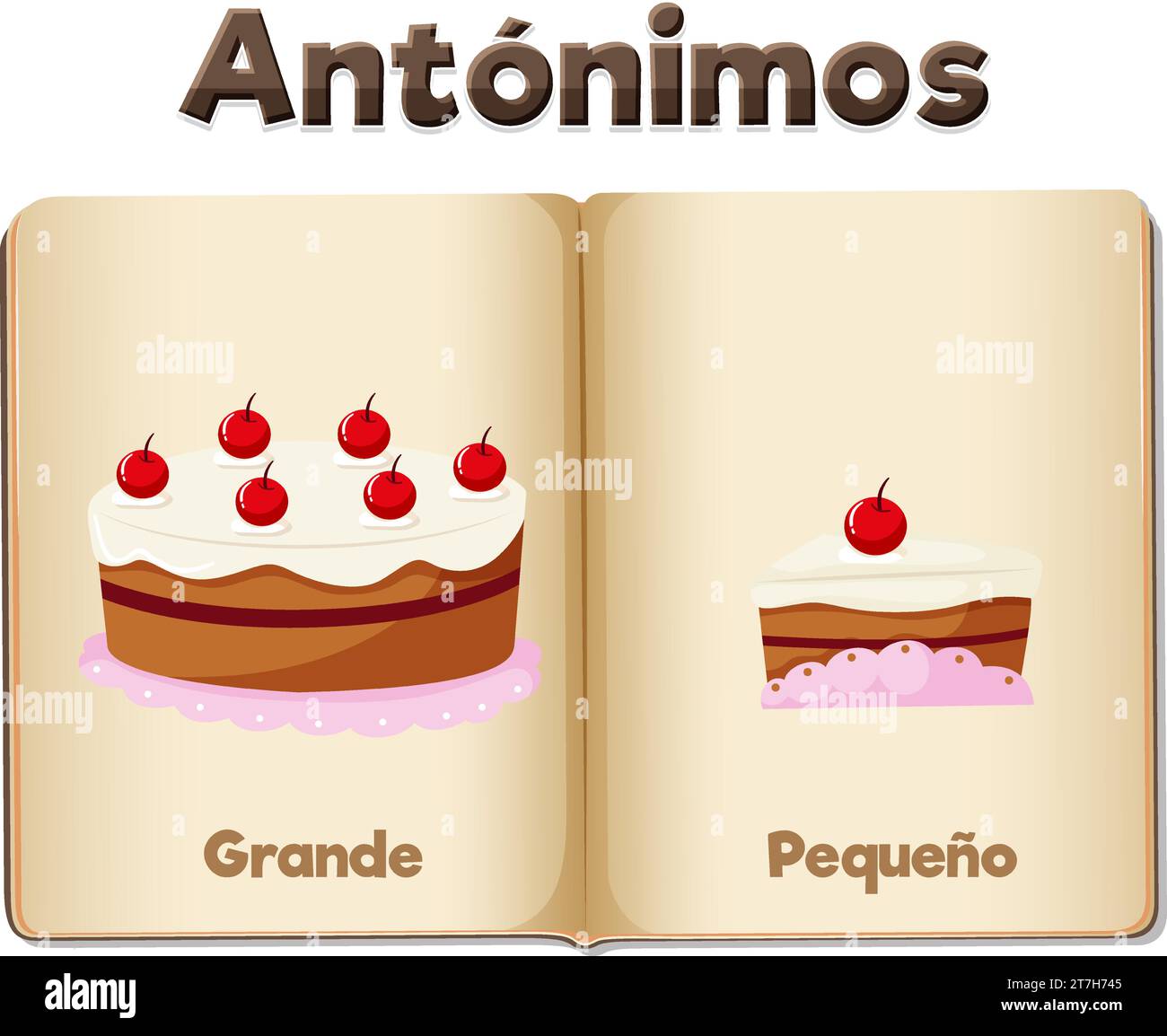 Illustrated word card with antonyms in Spanish language means big and small Stock Vector Image