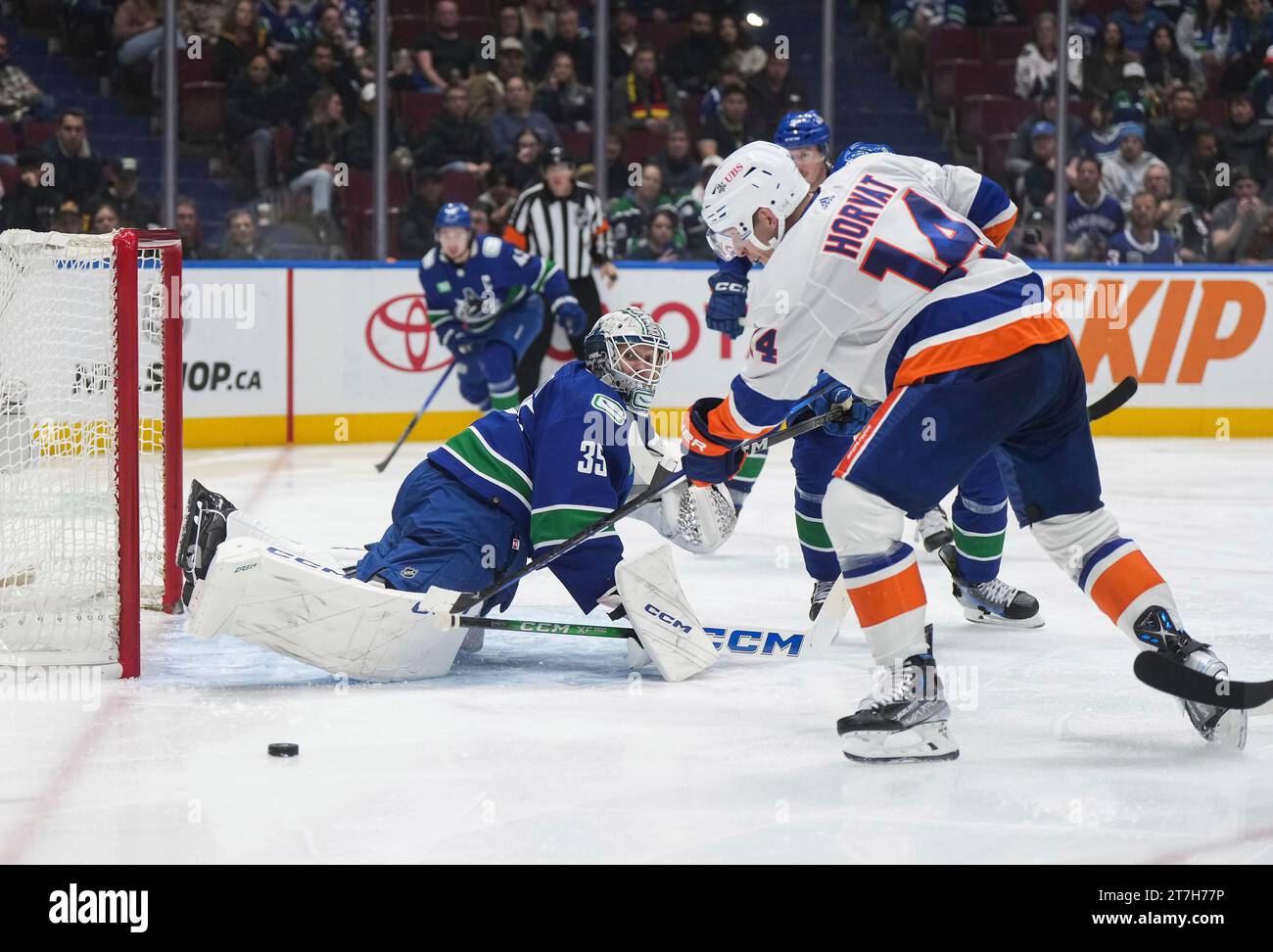 Vancouver Canucks goalie Thatcher Demko (35) watches as New York ...