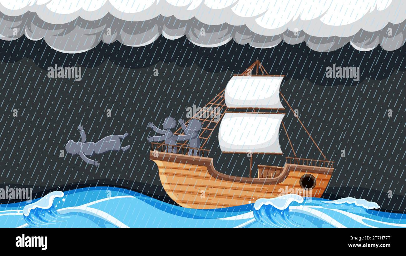 Ship caught in storm, Jonah thrown overboard Stock Vector