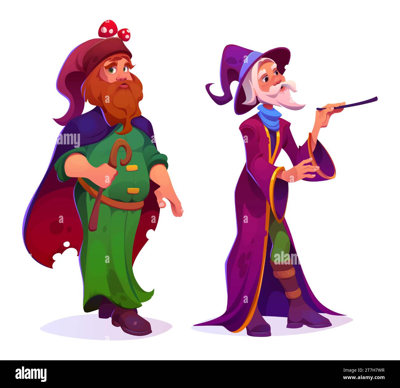 Mystical wizard with witchcraft powers - two cartoon male magician sorcerer. Old man with grey beard in long mantle with magic wand, and forest warlock or woodsman with red hair and mushrooms on hat. Stock Vector