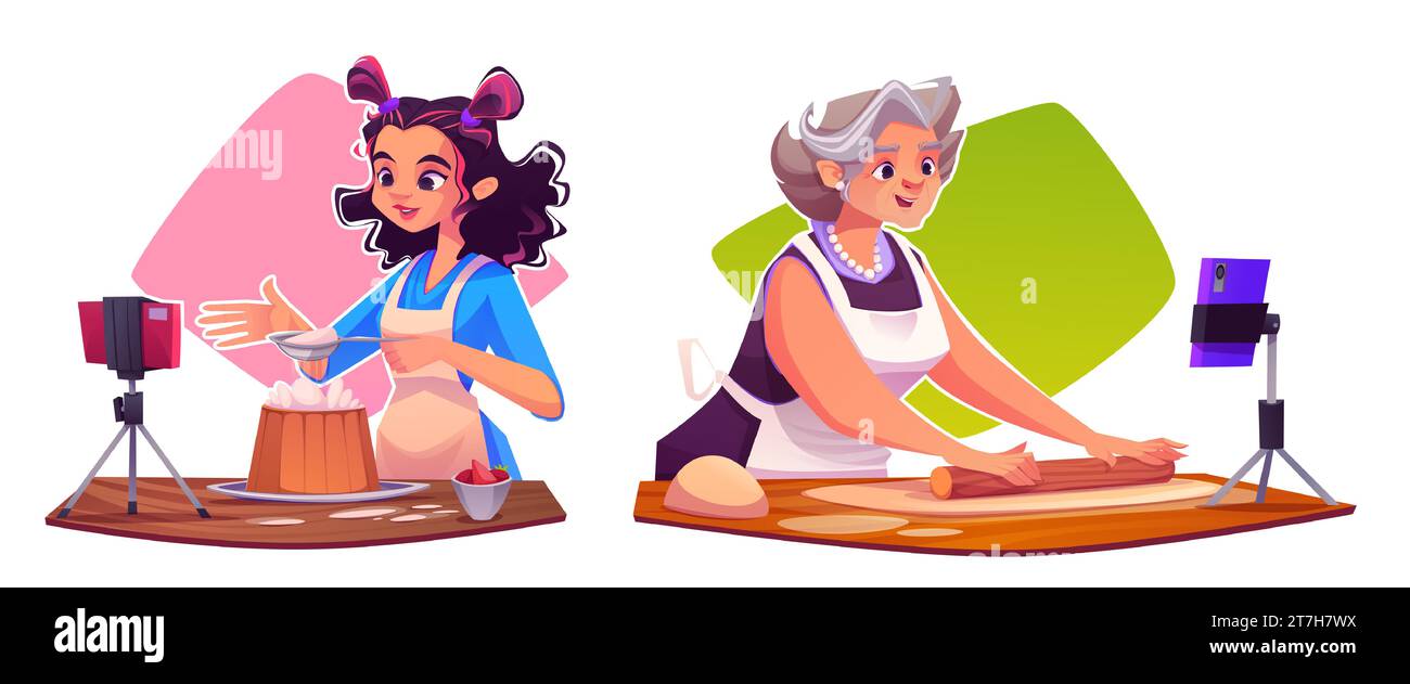 Female food bloggers cooking pastry on camera isolated on white ...