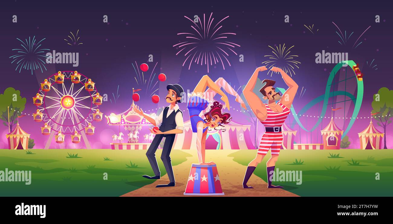Circus or carnival artists in amusement park at night under fireworks. Cartoon vector illustration of show performers - juggler, acrobat and strongman in front of carousels and swings with light. Stock Vector