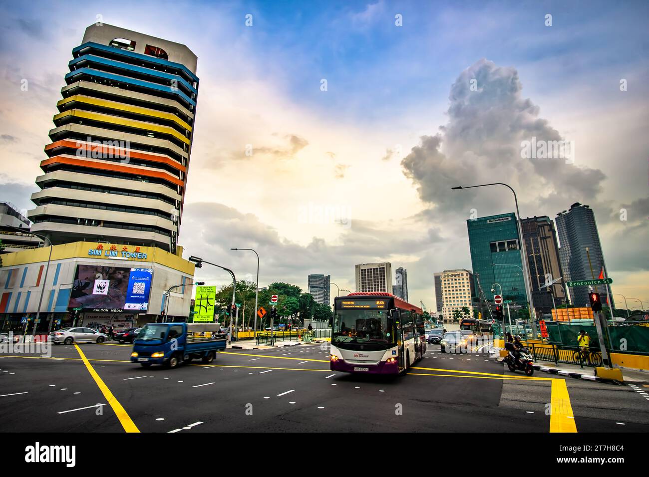 Sim Lim Tower, Raffles Hospital and Andaz Singapore in view when travelling along Sungei Road, Singapore. Stock Photo