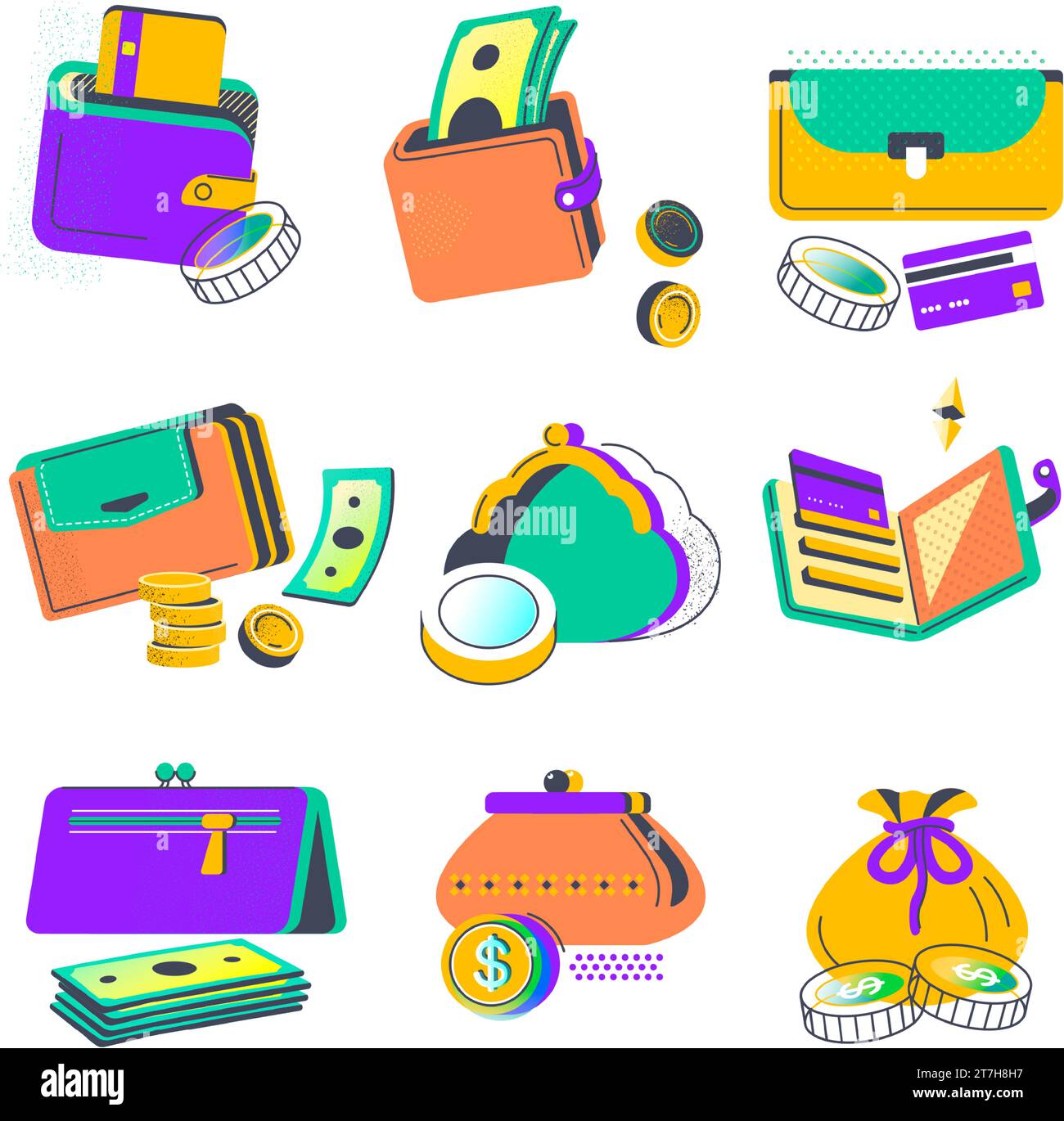 Practical wallets and purses with money and coins Stock Vector