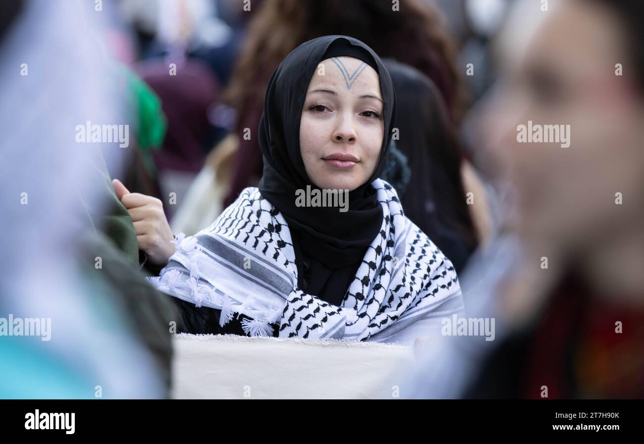 thousands of pro-Palestinian march the streets of Toronto, demanding a ceasefire in Gaza. Stock Photo