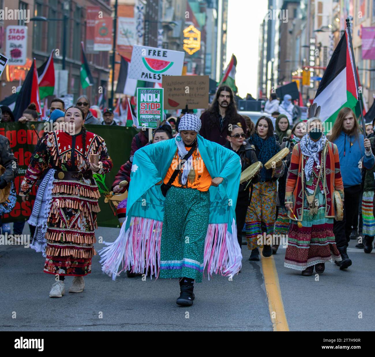 thousands of pro-Palestinian march the streets of Toronto, demanding a ceasefire in Gaza. Stock Photo