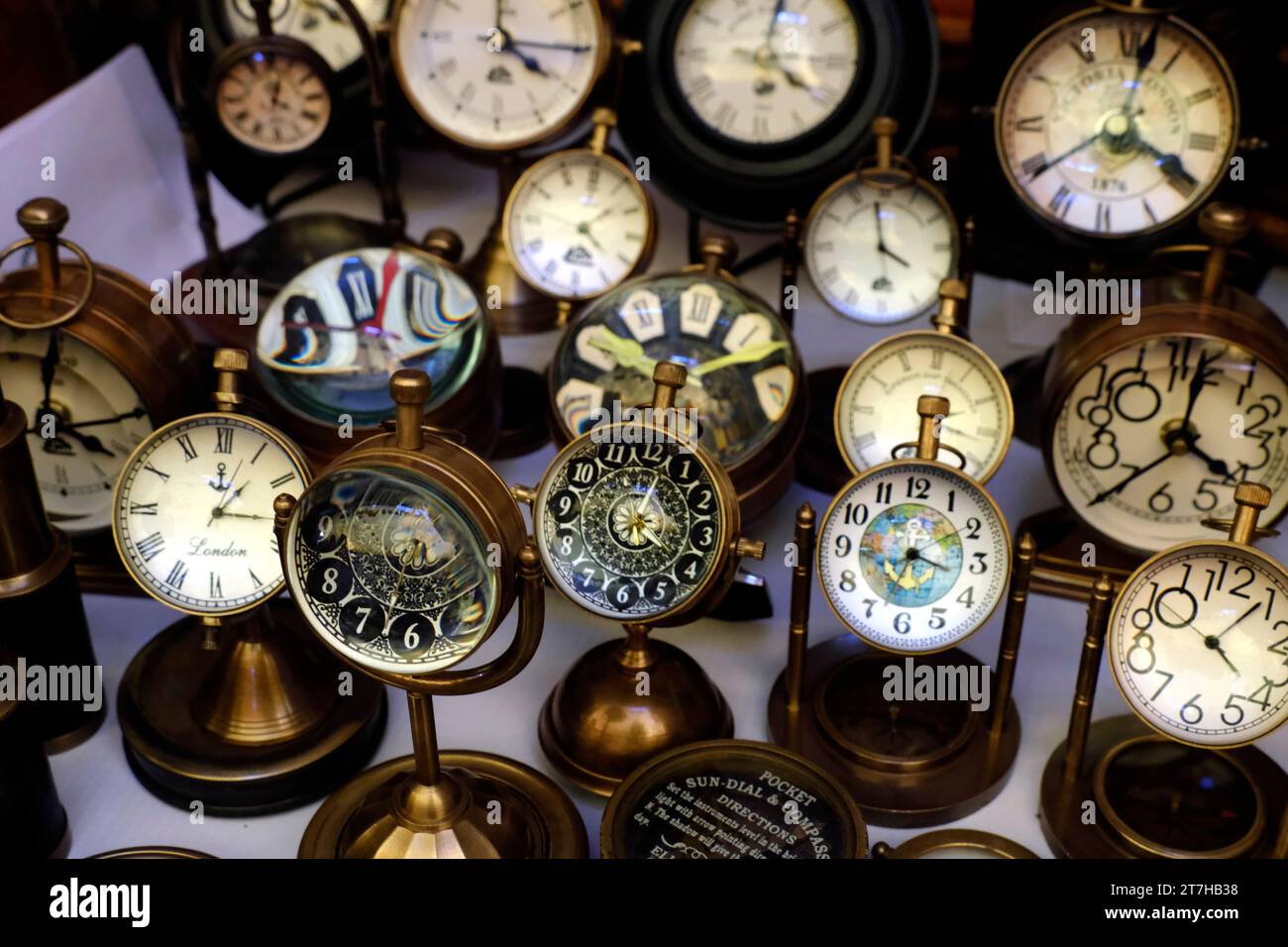 Pune, Maharashtra - November 03 2023, Sale of Antique watches / clocks / compass / in art craft fair, Pune, India. Stock Photo