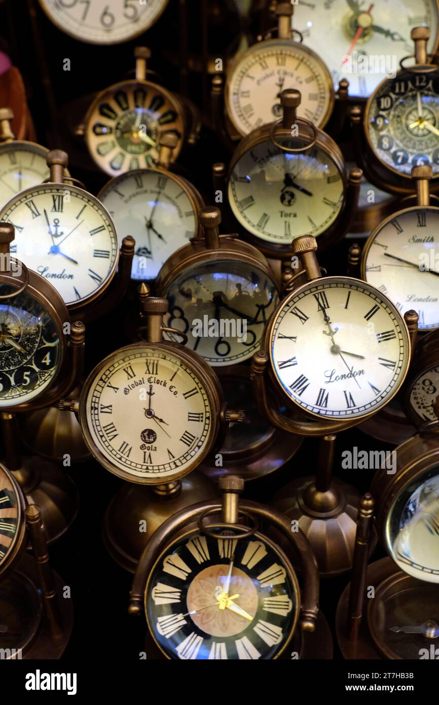 Pune, Maharashtra - November 03 2023, Sale of Antique watches / clocks / compass / in art craft fair, Pune, India. Stock Photo