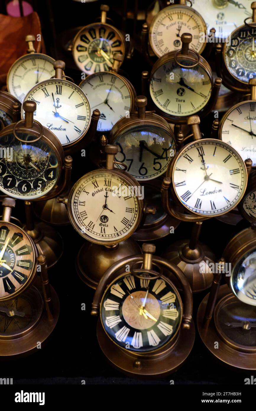 Pune, Maharashtra - November 03 2023, Sale of Antique watches / clocks / compass / in art craft fair, Pune, India. Stock Photo
