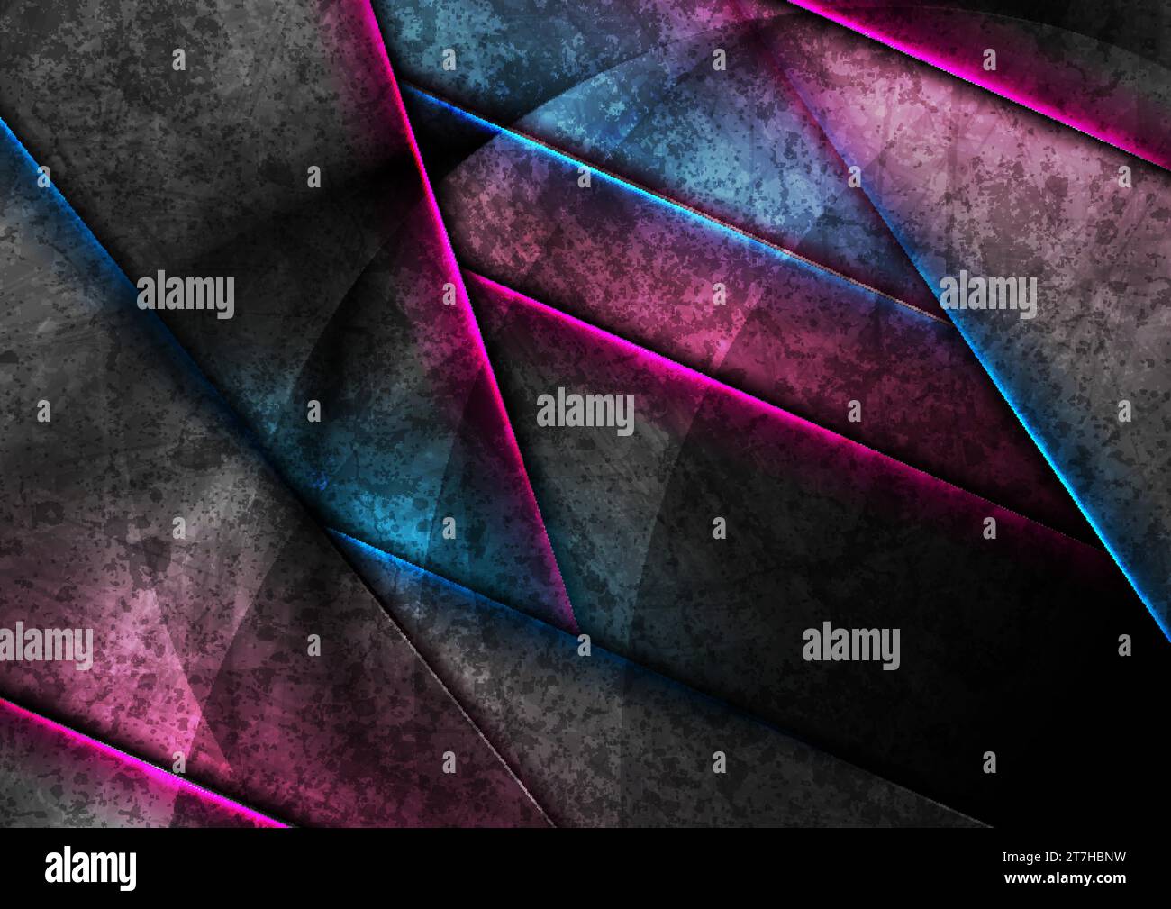 Abstract black grunge background with purple blue neon glowing stripes ...