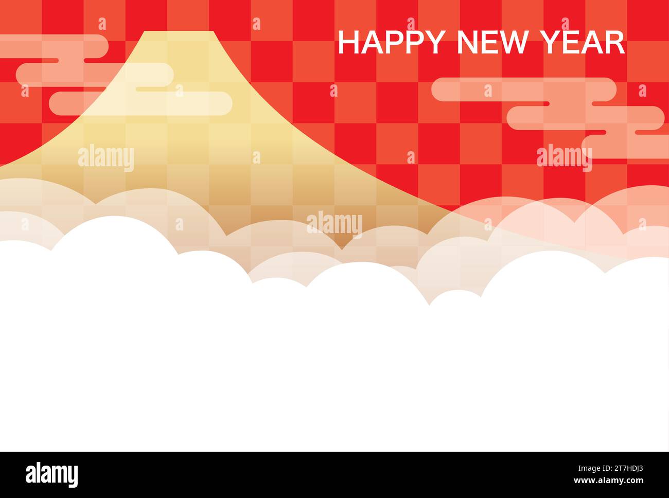 Vector New Year’s Greeting Card Template With Mt. Fuji, Clouds, And Text Space. Stock Vector