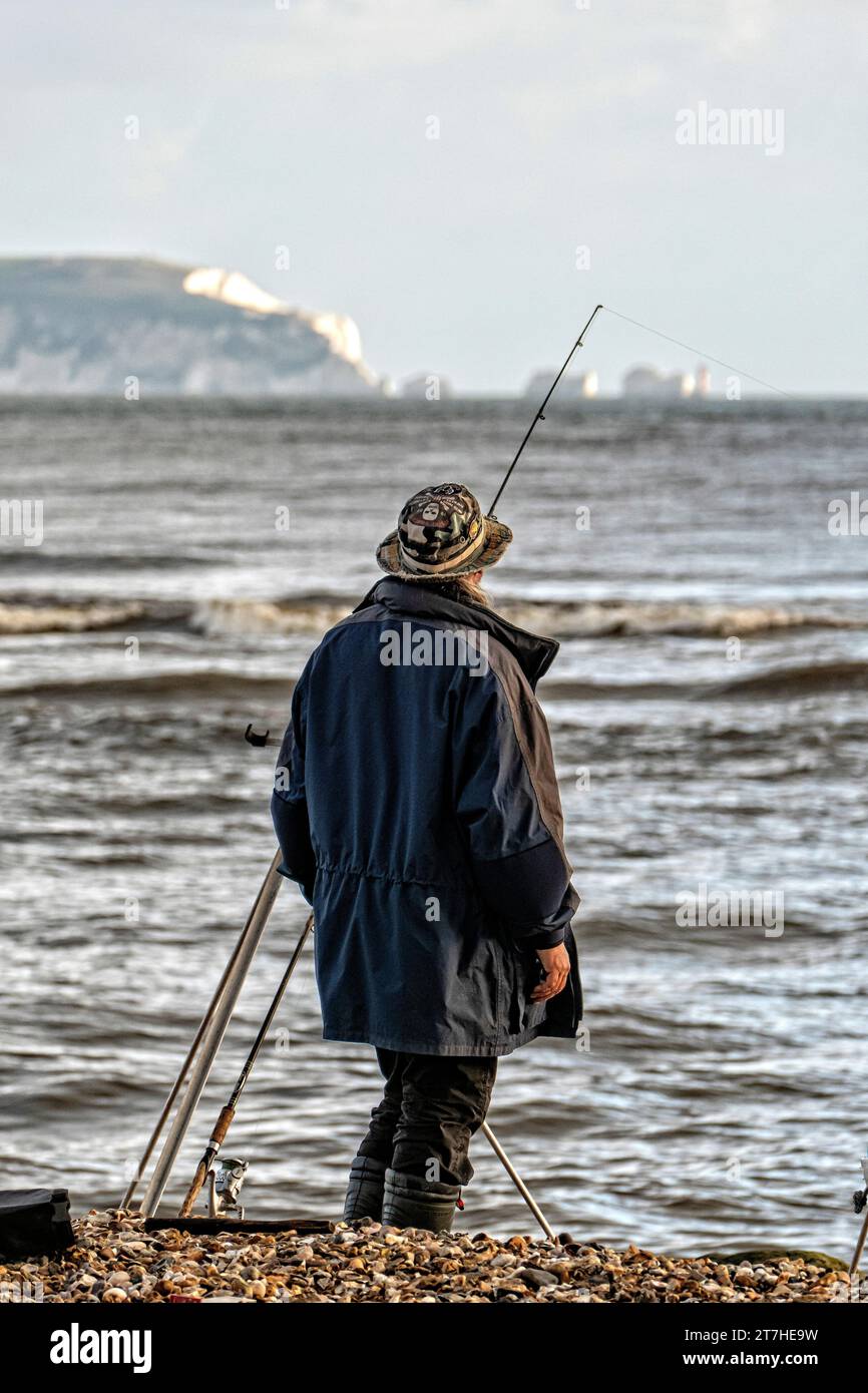 Sea angling off Avon Beach Mudeford Dorset UK Stock Photo