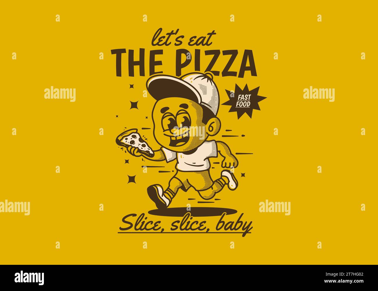 Let's eat the pizza. A boy character running and holding a slice pizza