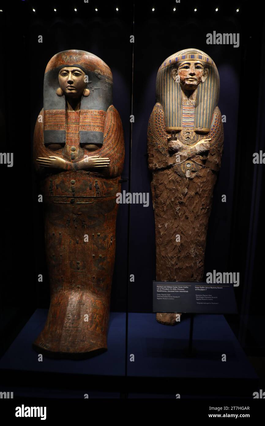 Sydney, Australia. 16th November 2023. Media preview of Ramses & the Gold of the Pharaohs exhibition at the Australian Museum, featuring 182 priceless artefacts, including the sarcophagus of Ramses II - one of the rarest and most impressive royal coffins from ancient Egypt ever to be discovered. Australian Museum, Hintze Hall. 1 William Street, cnr College St, Sydney. Pictured: Painted and Gilded Cedar Outer Coffin Lid of Pinudjem II’s Wife, Princess Nesikhonsu, Usurped from Istemkheb. Inner Coffin Lid or Mummy Board of Pinudjem I (originally belonged to Thutmose I). Credit: Richard Milnes Stock Photo