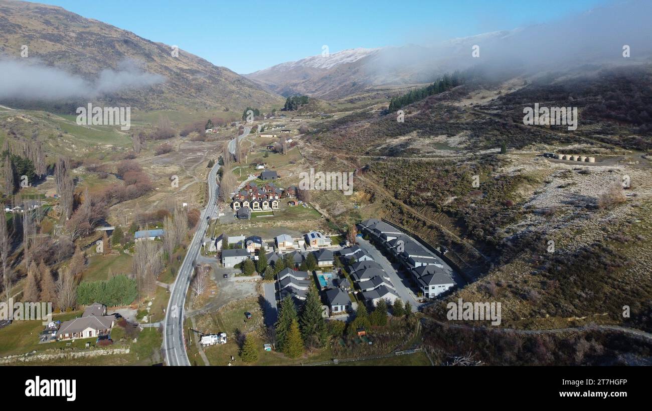 Aerial view of the town of Cardrona in Central Otago, New Zealand Stock Photo