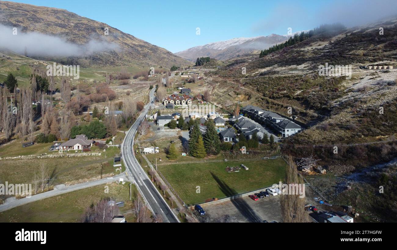 Aerial view of the town of Cardrona in Central Otago, New Zealand Stock Photo