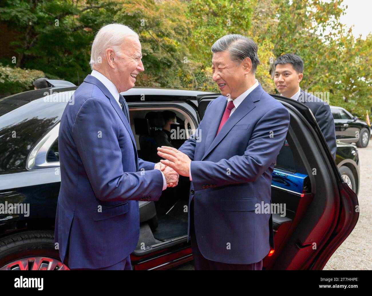 (231115) -- SAN FRANCISCO, Nov. 15, 2023 (Xinhua) -- U.S. President Joe Biden escorts Chinese President Xi Jinping to his car to bid farewell after their talks in the Filoli Estate in the U.S. state of California, Nov. 15, 2023. Chinese President Xi Jinping and U.S. President Joe Biden on Wednesday had a candid and in-depth exchange of views on strategic and overarching issues critical to the direction of China-U.S. relations and on major issues affecting world peace and development. The meeting was held at Filoli Estate, a country house approximately 40 km south of San Francisco, Californi Stock Photo