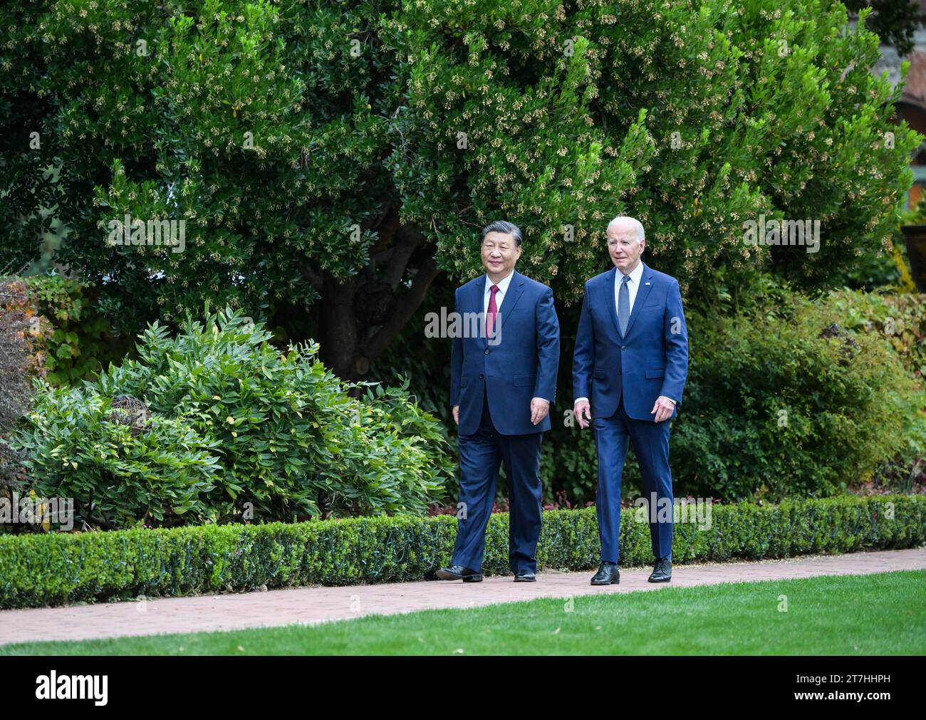 (231115) -- SAN FRANCISCO, Nov. 15, 2023 (Xinhua) -- Chinese President Xi Jinping and U.S. President Joe Biden take a walk after their talks in the Filoli Estate in the U.S. state of California, Nov. 15, 2023. Chinese President Xi Jinping and U.S. President Joe Biden on Wednesday had a candid and in-depth exchange of views on strategic and overarching issues critical to the direction of China-U.S. relations and on major issues affecting world peace and development. The meeting was held at Filoli Estate, a country house approximately 40 km south of San Francisco, California. (Xinhua/Xie Huan Stock Photo