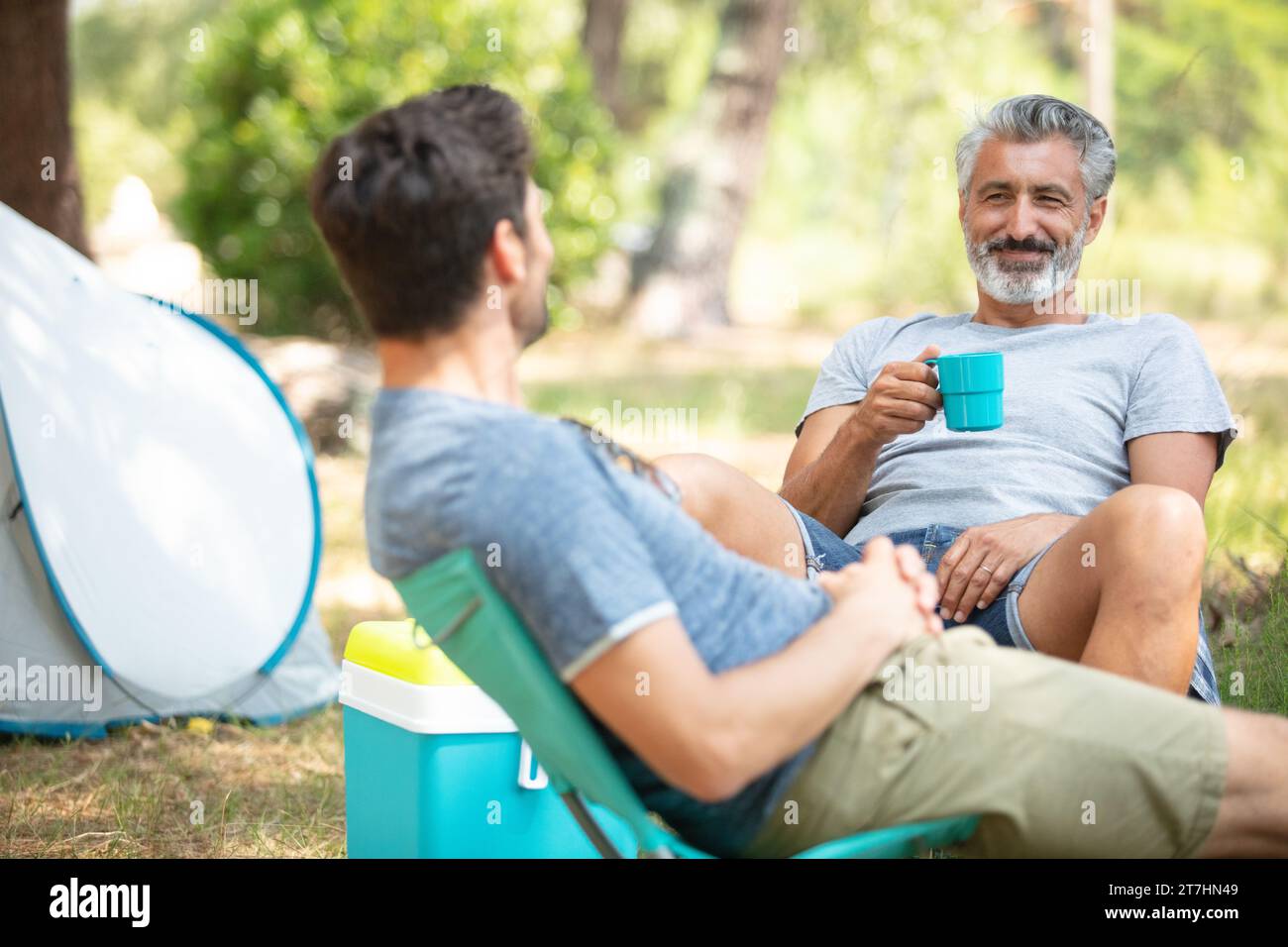 two men on camping holiday Stock Photo