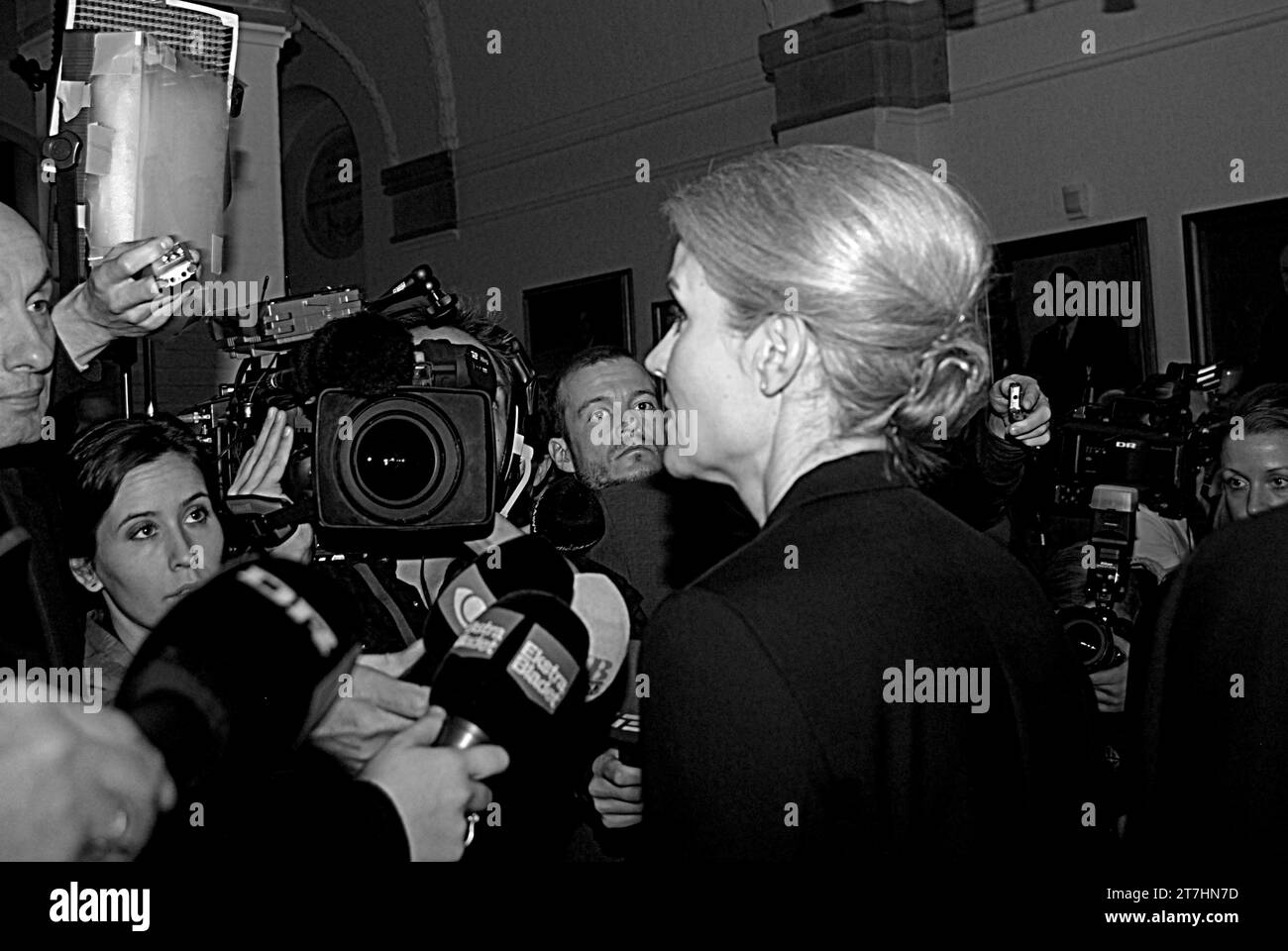 COPENHAGEN /Denmark-   17 January  2014   Ms.Helle Thorning-Schmidt talking to press media before going to meeting to danish parliament consultation (samråd) reaging christian visiting of Pia Kjaersgaard danish peoples party leader and resignation of danish minister for law and order  on not tell truth in danish parlament member reagdring chariatisnia visit.           (Photo by Francis Joseph Dean/Deanpictures) Stock Photo