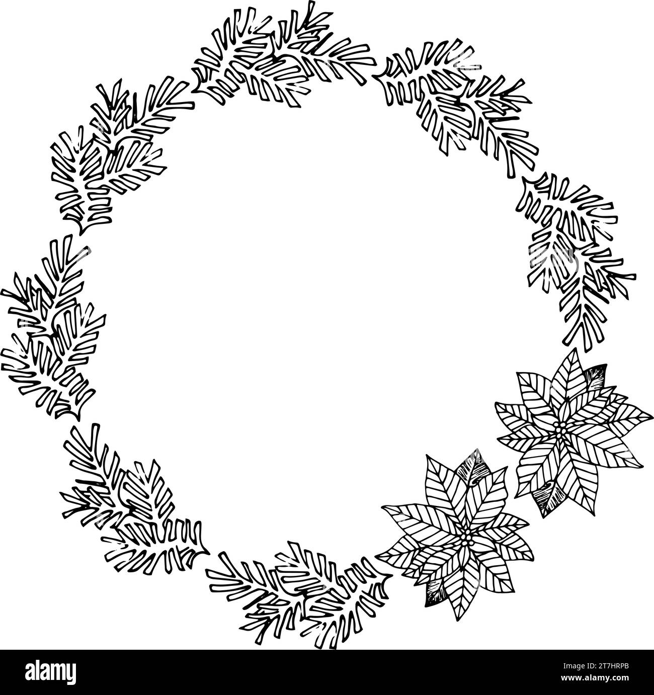 Christmas wreath or frame made of fir branches with poinsettia. Decor for the New Year, Christmas and holidays in doodle style. Coloring book for chil Stock Vector