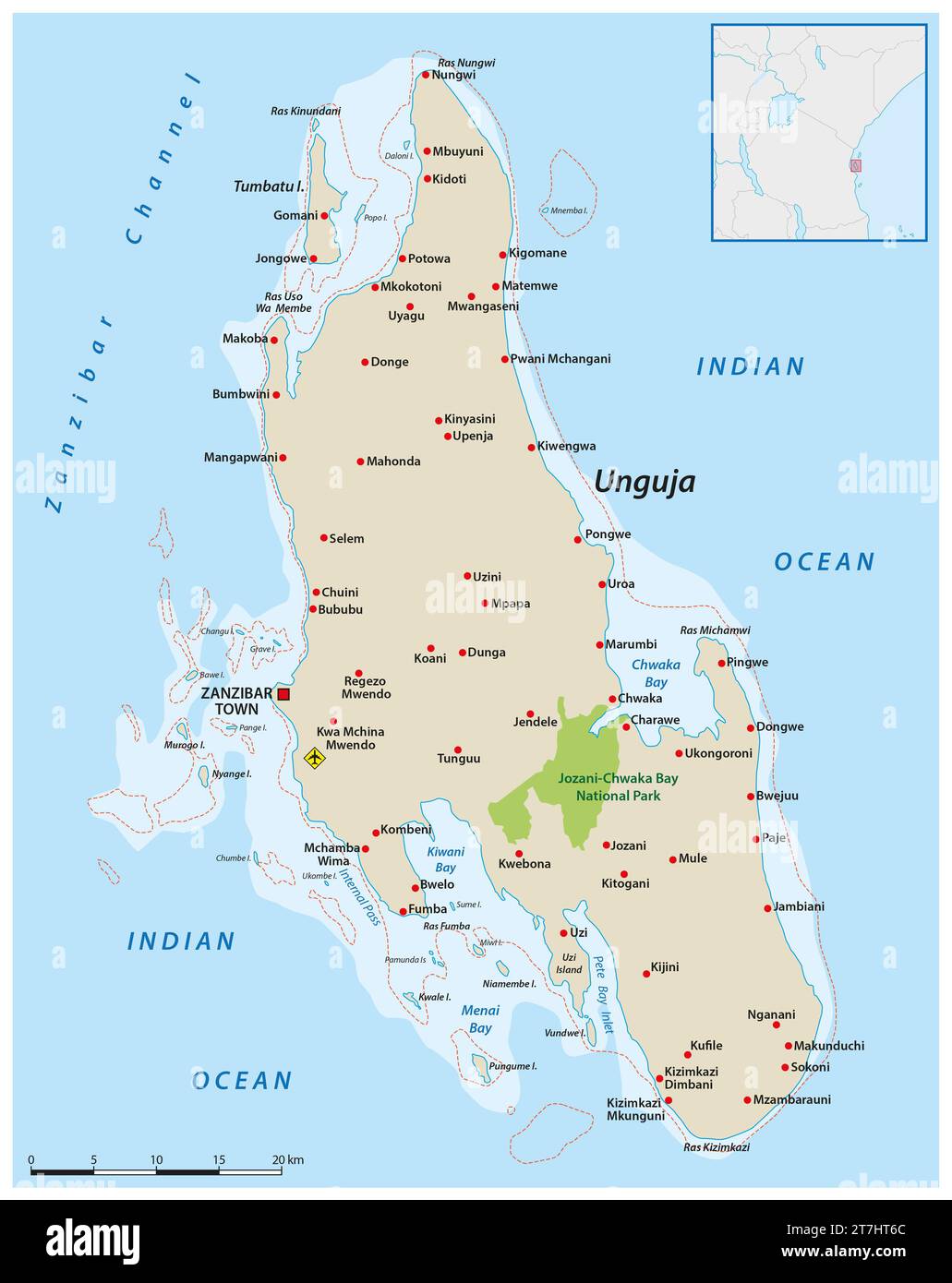 Vector map of the Tanzanian island of Zanzibar Stock Photo