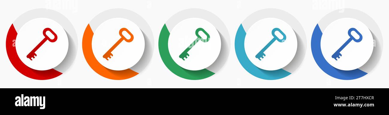 Key vector icon set, flat design colorful round icons in 5 color options for webdesign and mobile applications Stock Vector